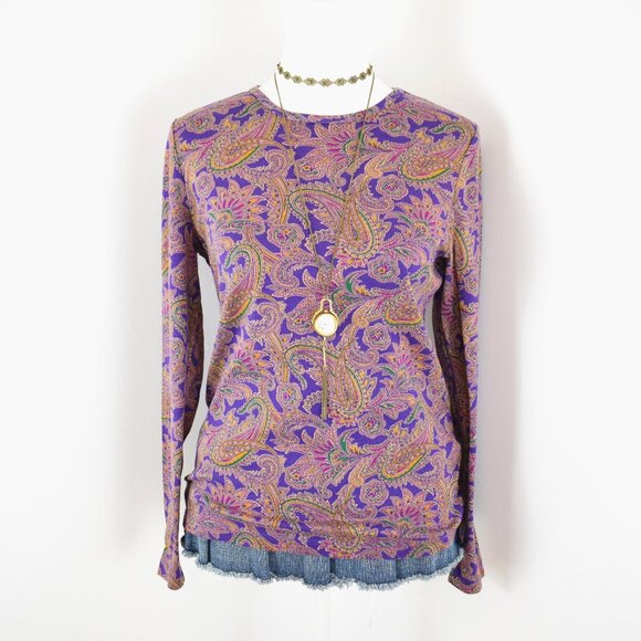 VTG 00s Y2K Ralph Lauren Purple Colorful Floral Paisley Print Long Sleeve Top - Picture 1 of 5